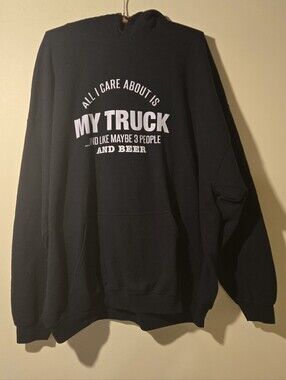 Men's Funny Gildan Black Hoodie with White Truck Graphic